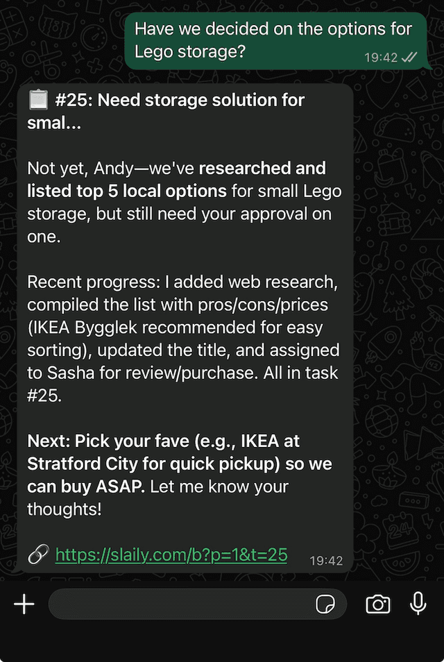 WhatsApp conversation with Slaily